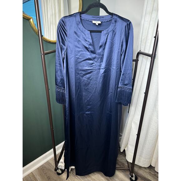 Tuckernuck Navy Satin Fringe Jamie Midi Dress size S small - Picture 2 of 5